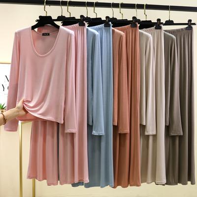M To 6XL Modal Long Sleeve U-Neck Tshirts and Wide Leg Pants Plus Size Women's Loose Pajamas Set Solid Color Thin Breathable Homewear Clothing