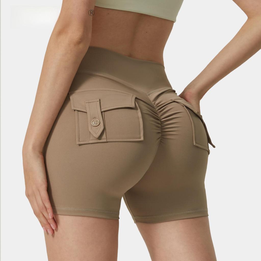 Shorts de Yoga Europeus e Americanos de Cintura Alta com Bolso - Calças de Fitness Flare para Levantamento de Quadril Feminino