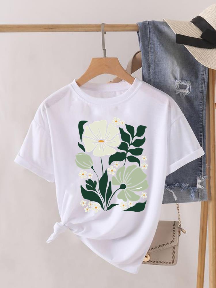 (Asian Size) Sweet Flower Printed Clothing Lady Female Top Casual T Shirt Fashion Short Sleeve T-shirts Women Graphic Tee