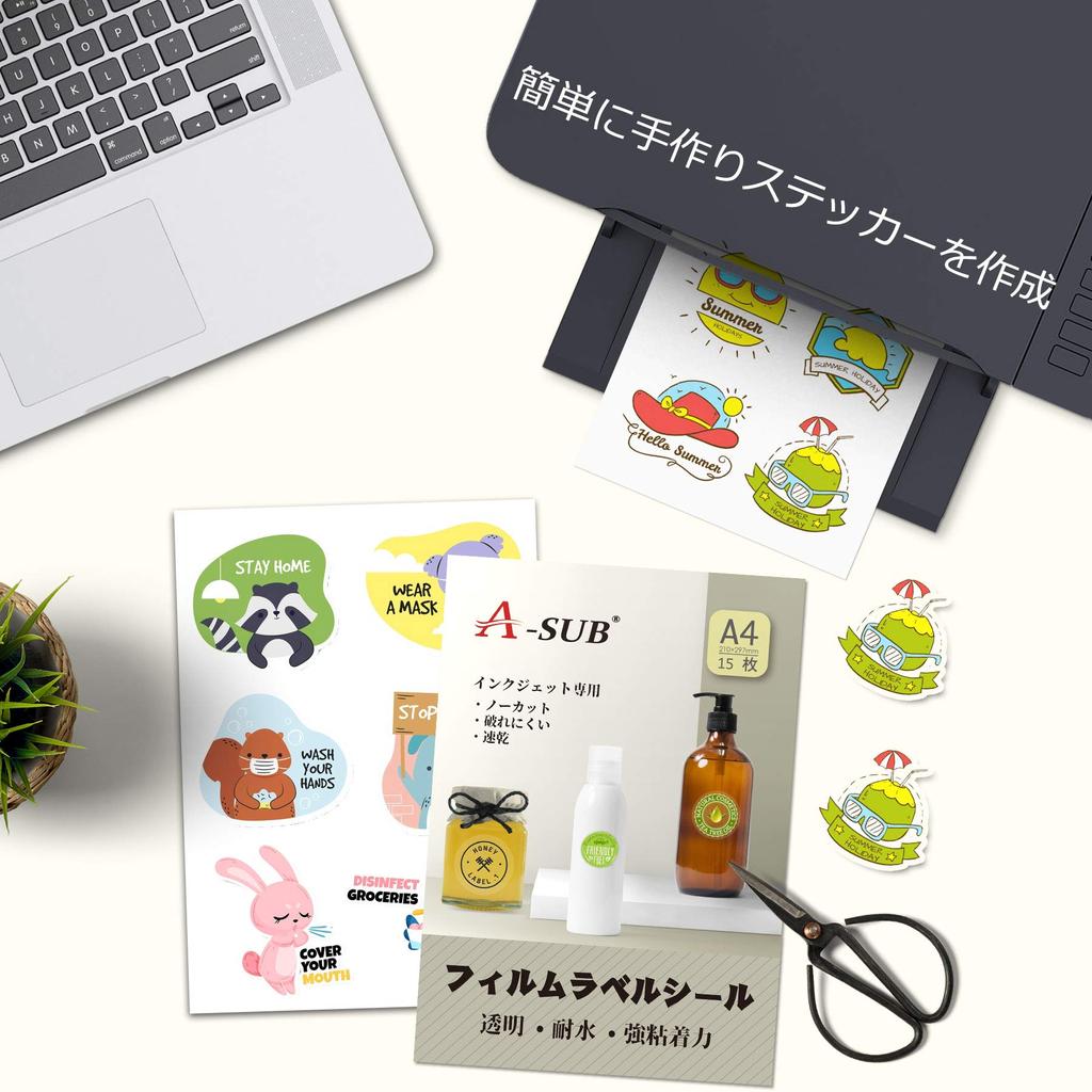 A-SUB Etiket Çıkartmaları Parlak Film Şeffaf Suya Dayanıklı Mürekkep Püskürtmeli 15 Yaprak Kesilmemiş El Yapımı Çıkartmalar