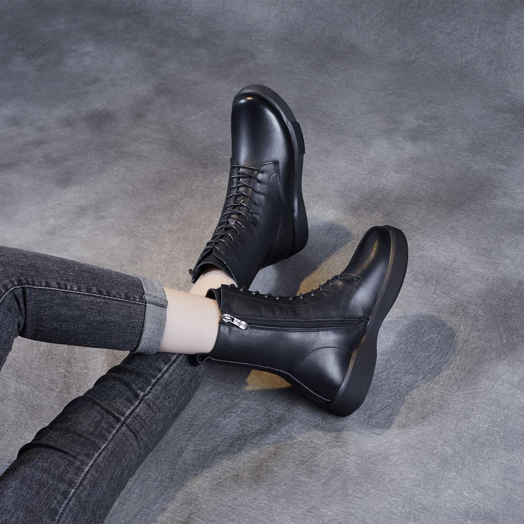 Leather Martin Boots Platform Casual Women's Boots 2025 Autumn and Winter Women's Shoes Small Medium Boots Velvet Short Boots Women