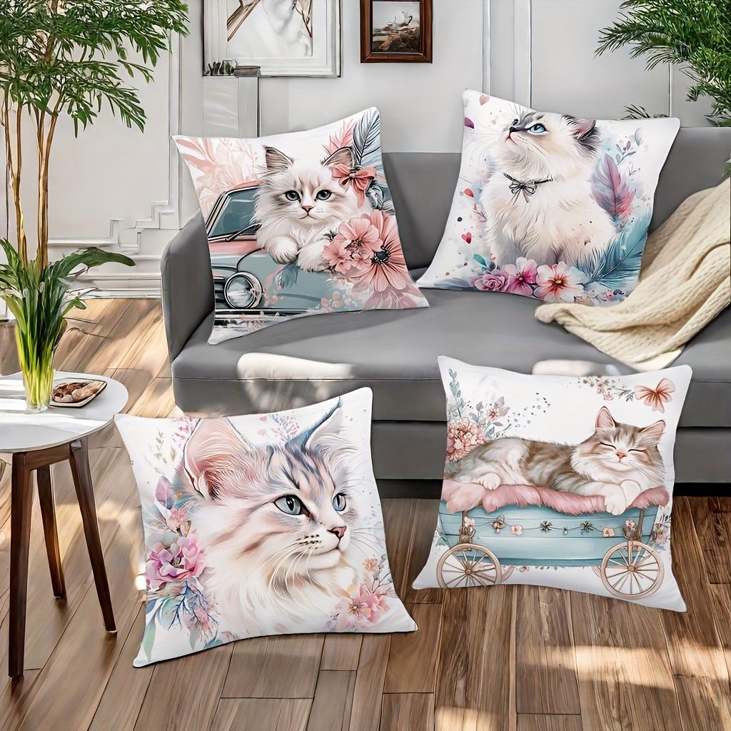 Cute Cat Floral Printed Cushion Pillow Home Decor Polyester Pillowcase, Sofa Decorative Cushion Cov Headboard Pillow
