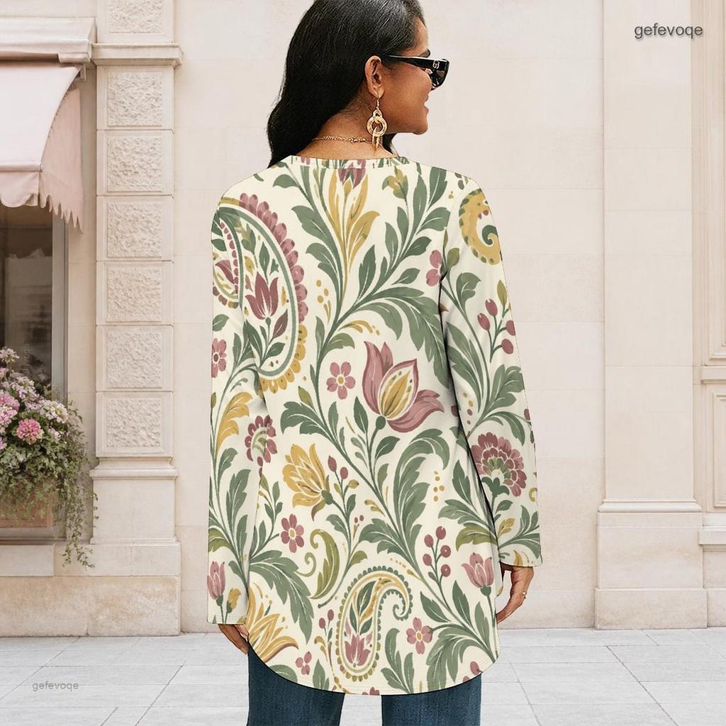 Women Plus Size Round Neck Long Sleeve Paisley Floral Printed Loose High Low Hem T Shirt