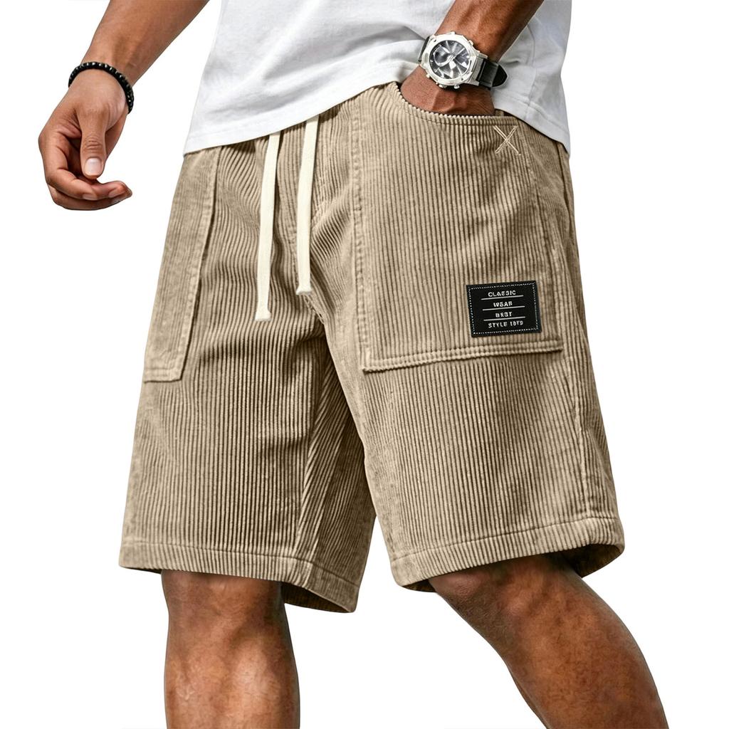 Pantaloncini Casual da Uomo in Velluto a Coste con Coulisse in Vita e Stampa con Lettere Applicate, Vestibilità Rilassata, Lunghezza al Ginocchio, per l'Uso Quotidiano