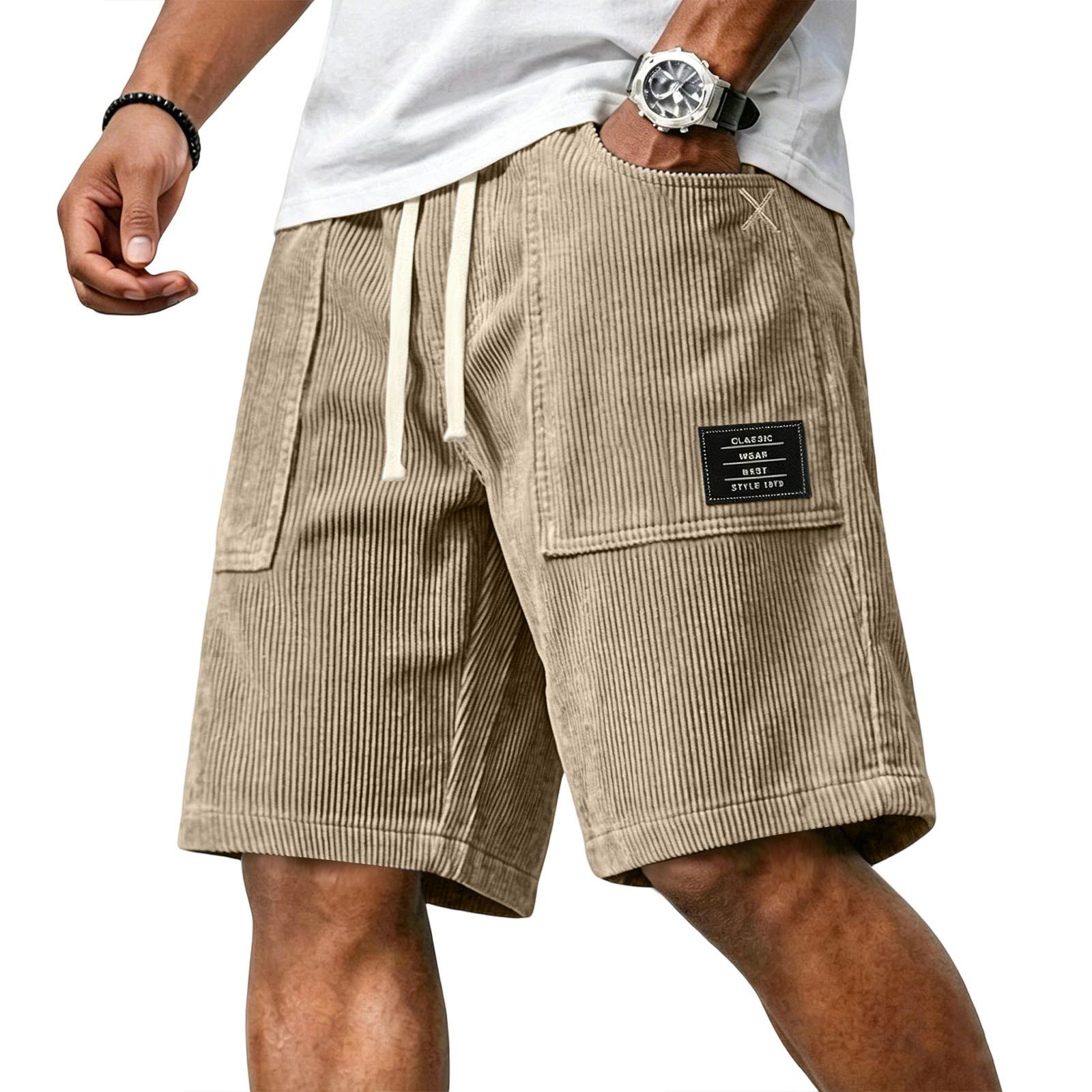 Xingben Eight Heren Ribfluwelen Shorts met Trekkoord Taille Relaxte Pasvorm Casual Shorts met Letter Applicatie en Grote Voorzakken voor Dagelijks Gebruik XXXXXL kaki