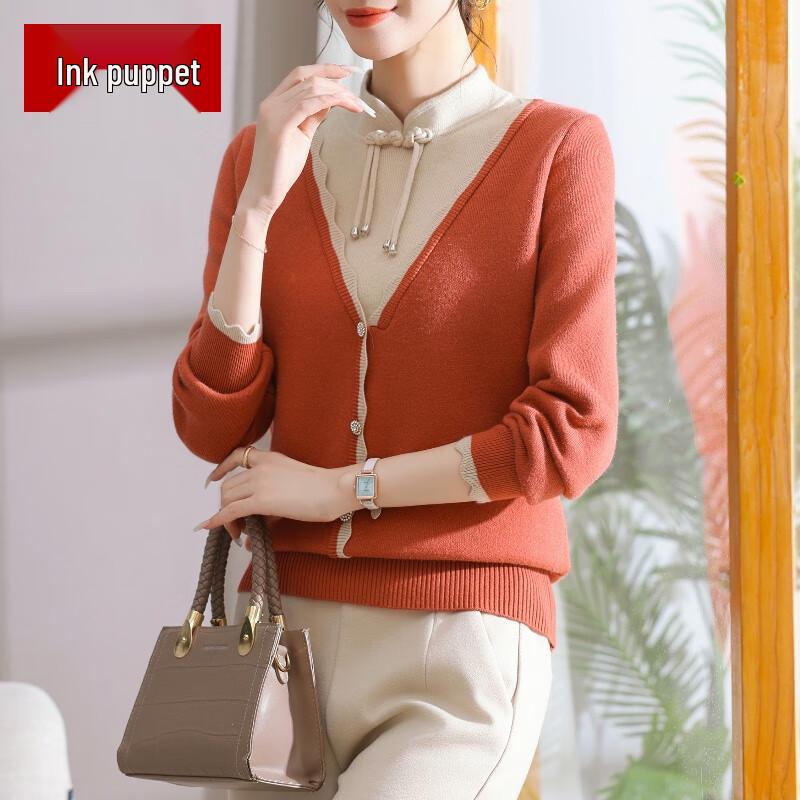 

Women s Chinese Style Faux Two-Piece Knit Sweater M