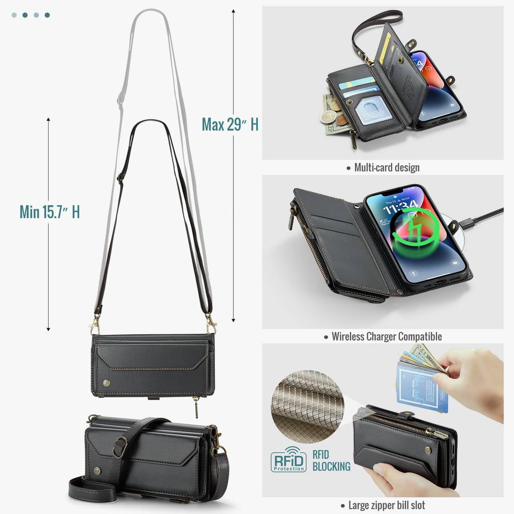 Crossbody for iPhone 14 Case Wallet RFID Blocking with 7-Card Holder Zipper Bills Slot, Soft PU Leather Magnetic Shoulder Wrist Strap