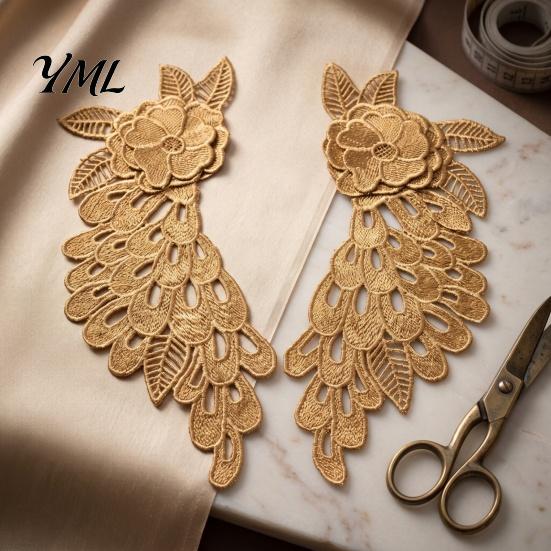 Stage Performance Costume Trim 2Pcs Embroidery Patches for Wedding Dress, Water-soluble Lace Applique, Floral Exquisite Polyester Silk Patch Motif Sew
