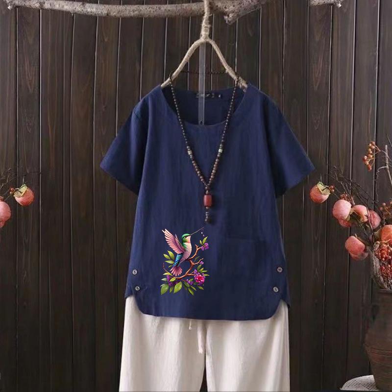 

Футболка женская из хлопка и конопли с V-образным вырезом и принтом птиц 2025 года — повседневная и шикарная 4XL темно-синий