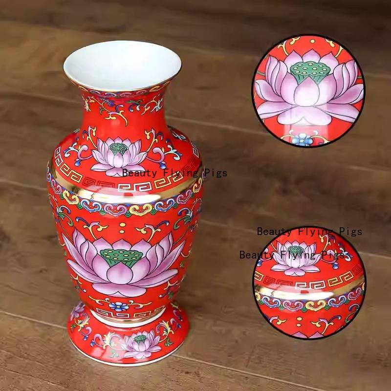1pc Ceramic Lotus Vase Household Enamel Colored Flower Vase Buddha Hall Vase Temple Sacrificial Decoration Home Decoration