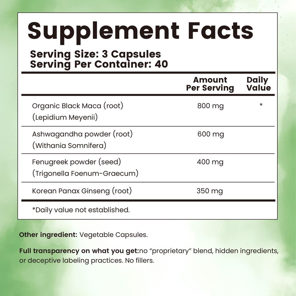 Organic Black Maca Capsules Containing Ashwagandha and Fenugreek Extracts, 2150 Mg Per Serving, an Energy Supplement.
