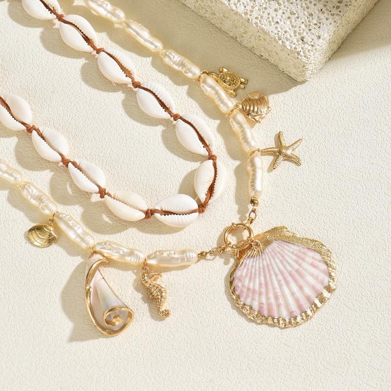 Bohemian shell necklace niche irregular resort style layered starfish imitation pearl collarbone chain