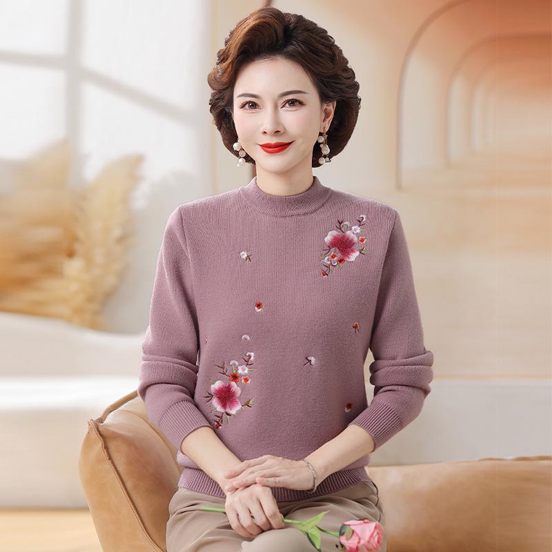 Fleece-Lined Knitted Sweater: Warm Winter Base Layer for Middle-Aged and Elderly Women