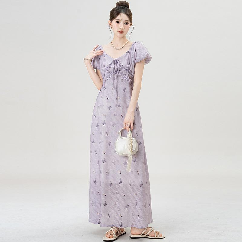 2026 Plus Size V-Neck Butterfly Print Maternity Dress with Puff Sleeves, Slimming A-Line Skirt L