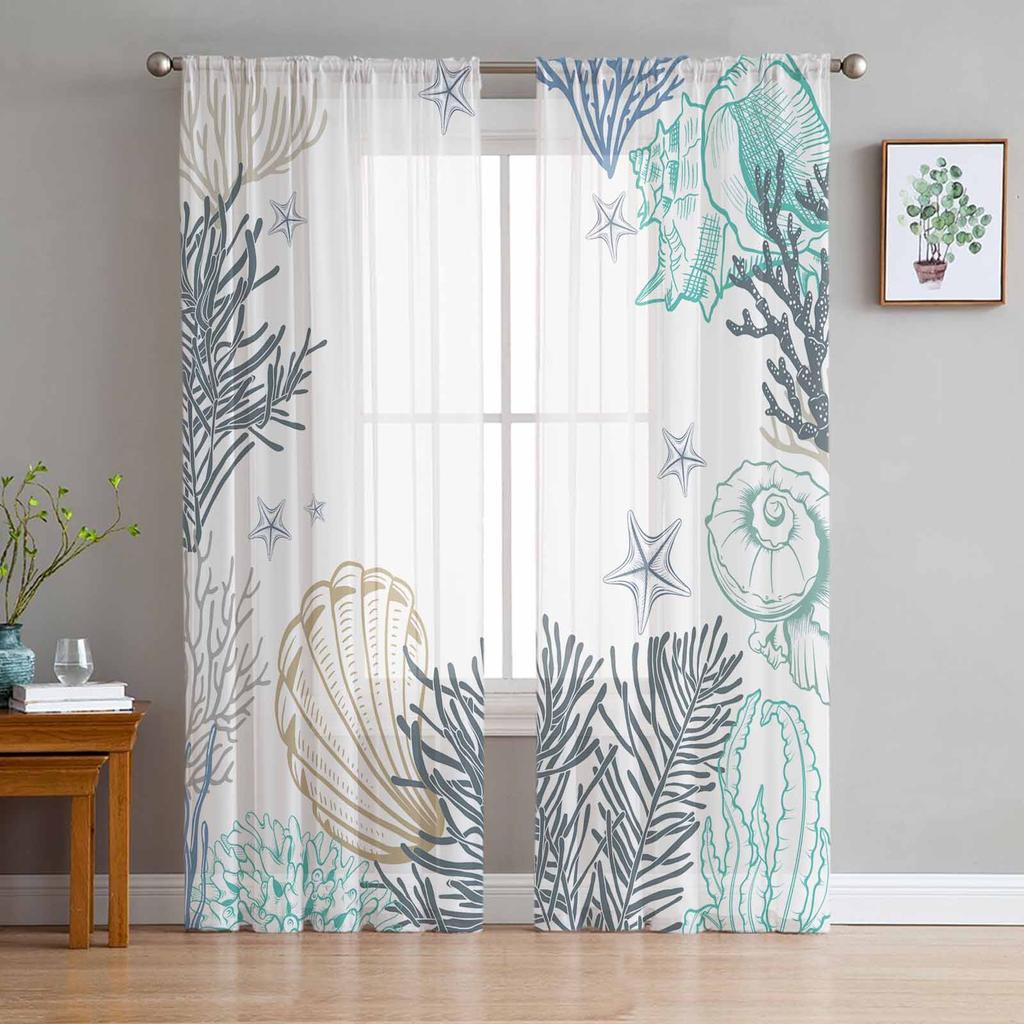 Fishing Net Starfish Lighthouse Beach Wooden Tulle Sheer Window Curtains for Living Room Bedroom Voile Organza Curtains Drapes