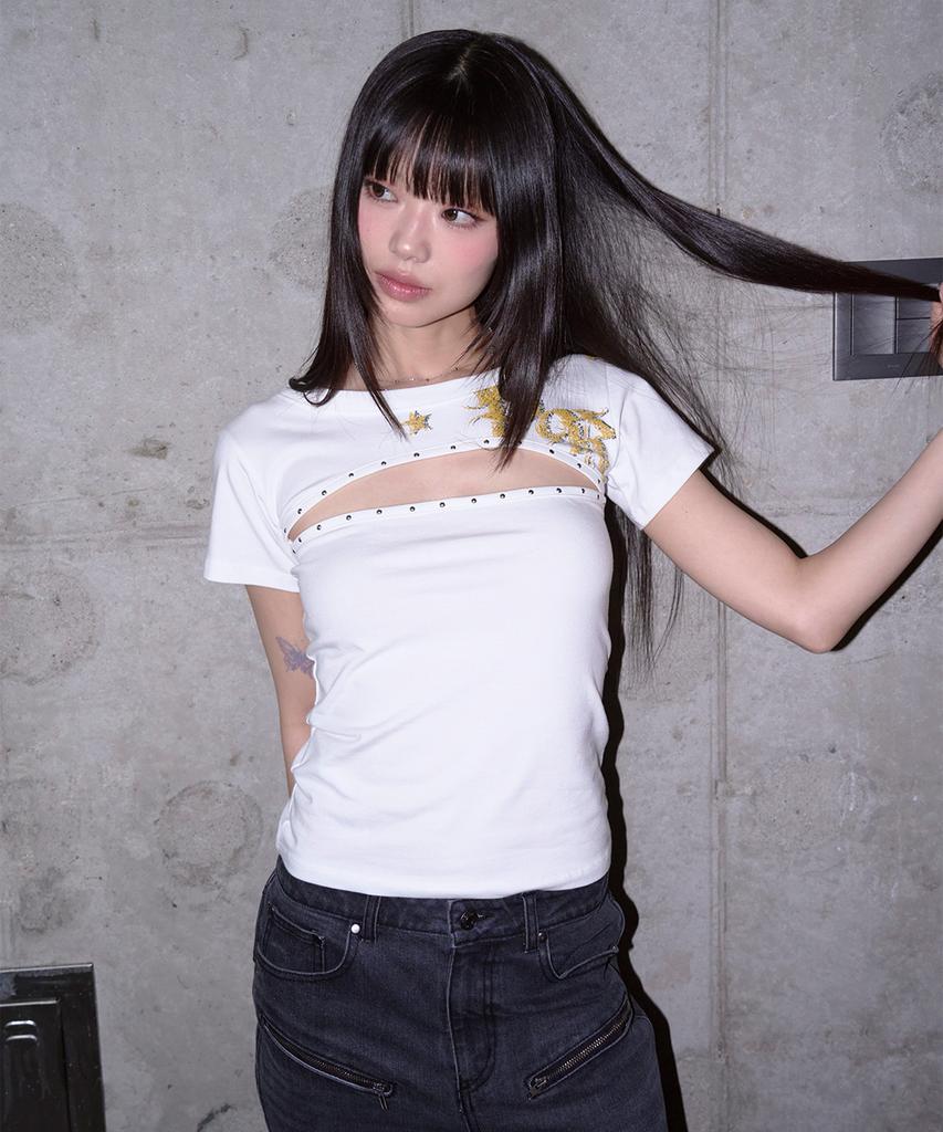 PRENDA Cut Out Star Stud Tee White
