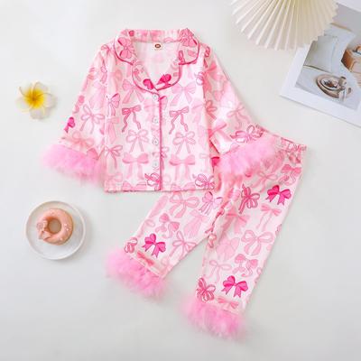 Kids' Christmas Bow Pajama Set - Casual Long Sleeve with Frayed Edges