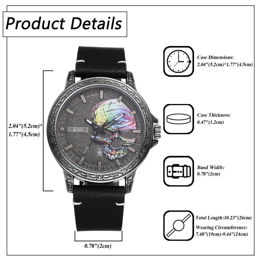 Men's Punk Skull Watch with Genuine Leather Strap: Skeleton Skull Antique Leather Watch with Waterproof Analog Quartz Movement, Gothic Accessory -