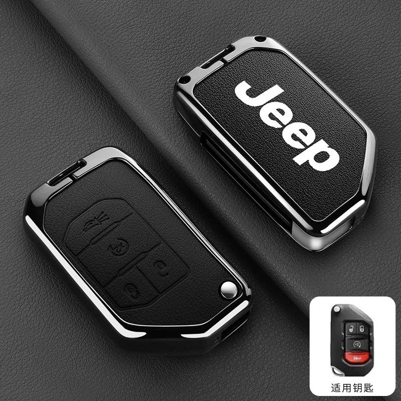 For Jeep Metal Leather Car Key Case Cover Shell Keychain for Jeep Wrangler Gladiator JL JLU Rubicon Sahara JLU JT 2018-2022 A