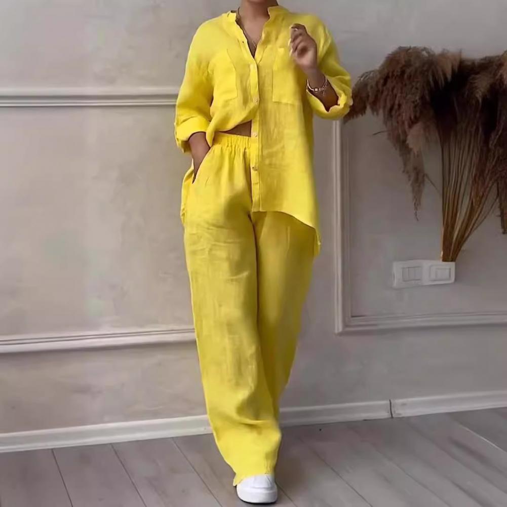 Letní trend Bavlněný a lněný košilový oblek Vysoký pas Volné kalhoty Elegantní dámské sady Dvoudílná sada pro ženy