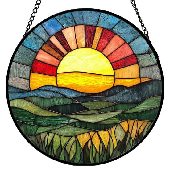 

Stained Glass Window Hanging Decoration Round Suncatcher Panel Home Office Living Room Garden Yard Patio Window Hanging Ornament B