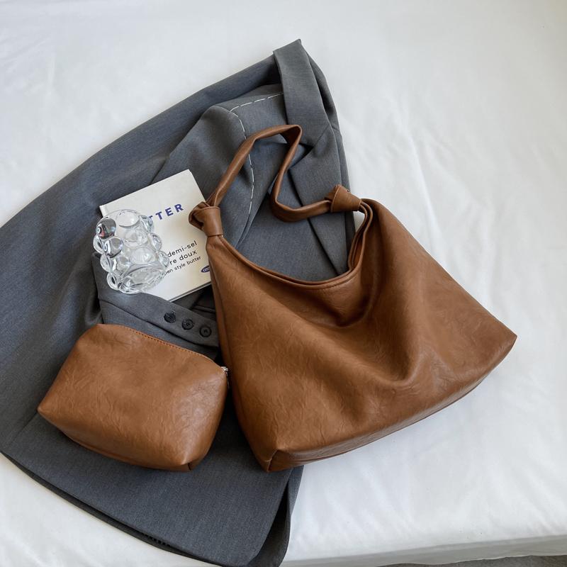 

2 Pcs/set Retro Fashion Leather Tote Bag for Women 2026 Tend Female Simple Large Capacity Shoulder Bag Big Solid Color Handbags коричневый