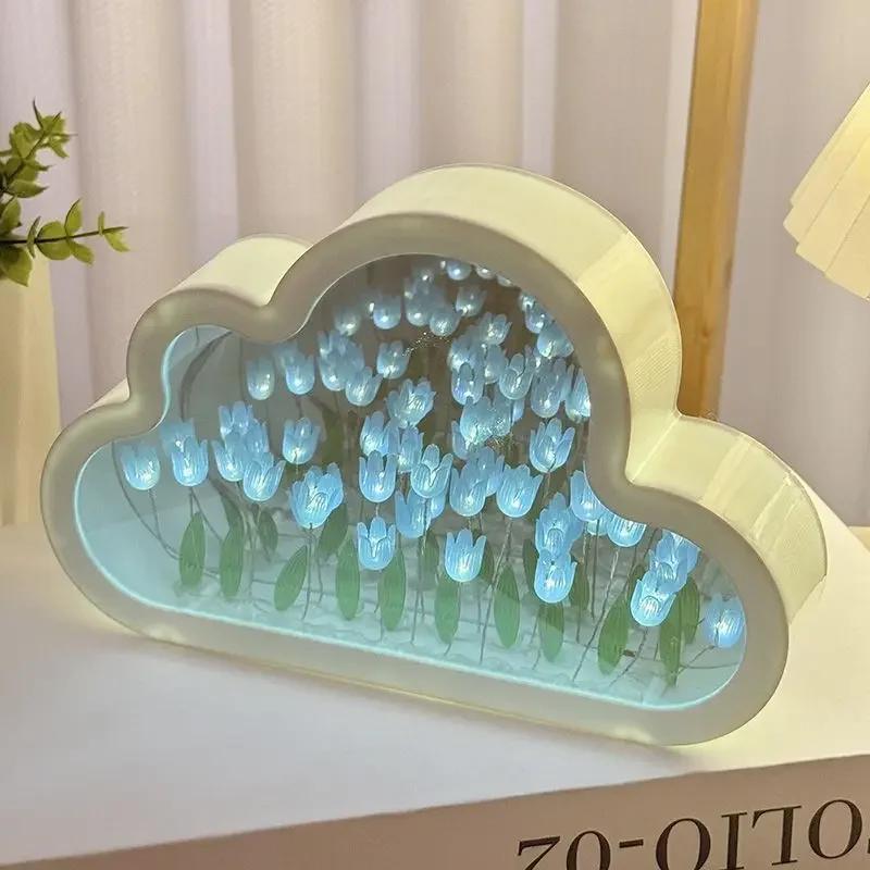 DIY Cloud Tulip Night Light Handmade Material Flower Home Decor Mirror Creative Atmosphere Lamp Valentine's Day Birthday Gift