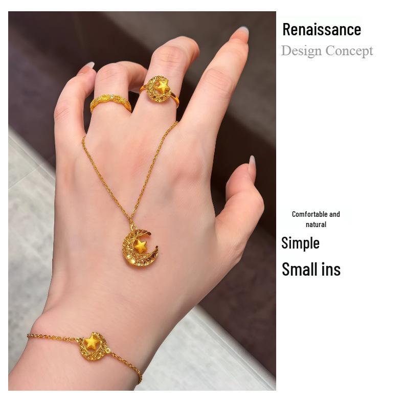 Golden Filigree Star and Moon Dream Weave Gold-Plated Open Ring - Women's Luxury Sparkling Hollow Moon and Star Design.