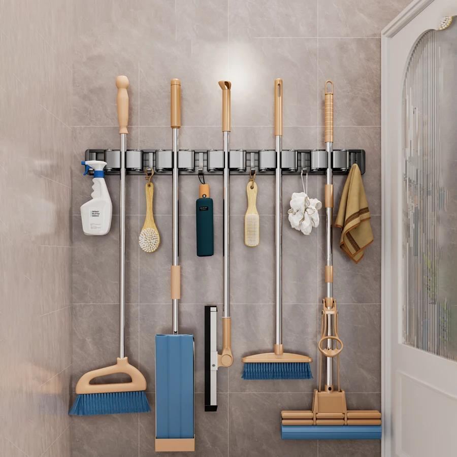 Household Products Bathroom No Drilling Powerful Mop Wall Mounted Clip Fixed Hook Broom Storage Rack