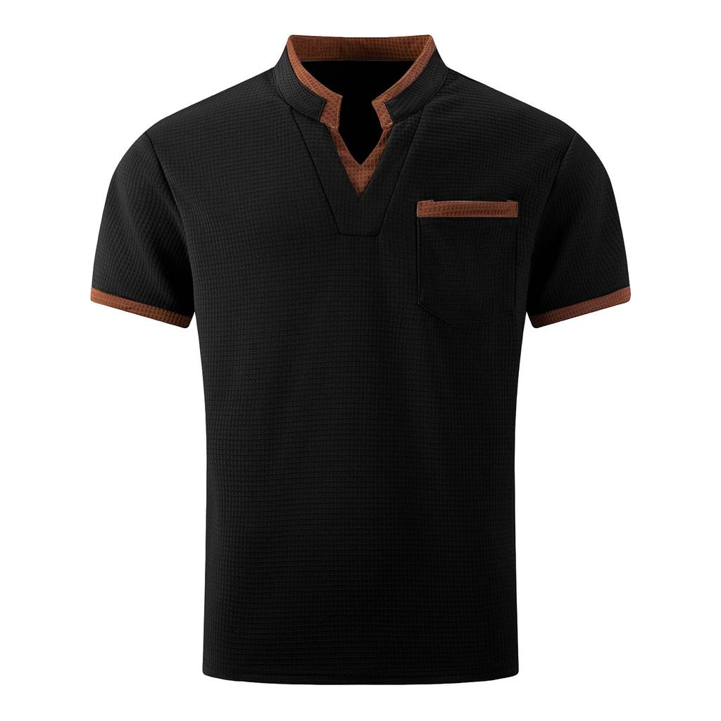 Men's Color Blocked V-neck Single Breasted Shirt Men's Casual And Comfortable Short Sleeved Shirt