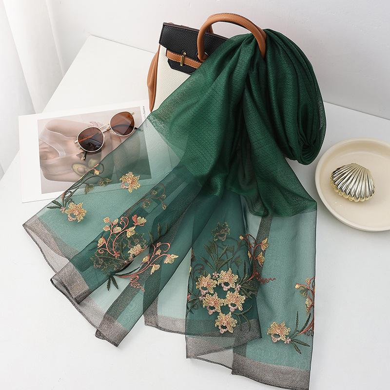 Four Season silk wool scarf women hijab pashmina shawls wrap Bandana Blanket Floral Pashmina Embroidery Scarves Foulard