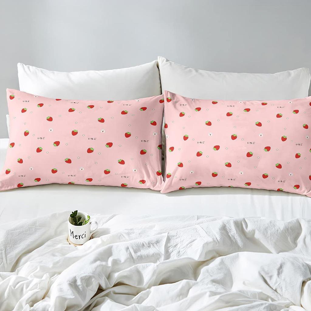 Strawberry Pink Duvet Cover Cute Fruit Print Bedding Three-piece Set Girl Room Decoration