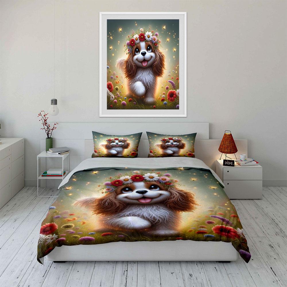 Floral Puppy In Magical Meadow Bedding Duvet Cover Set (1*Duvet Cover 2*Pillowcases, Without Duvet Insert)