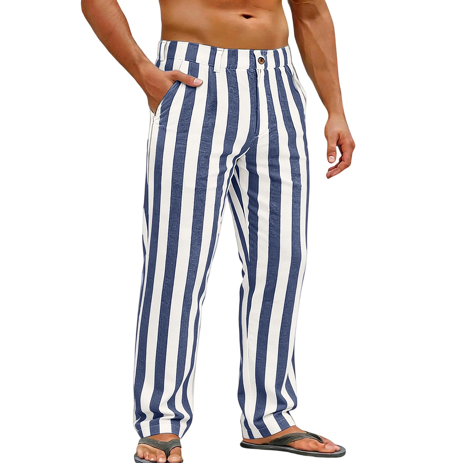 Men s Sporty Casual Striped Elastic Waist Straight Leg Pants L