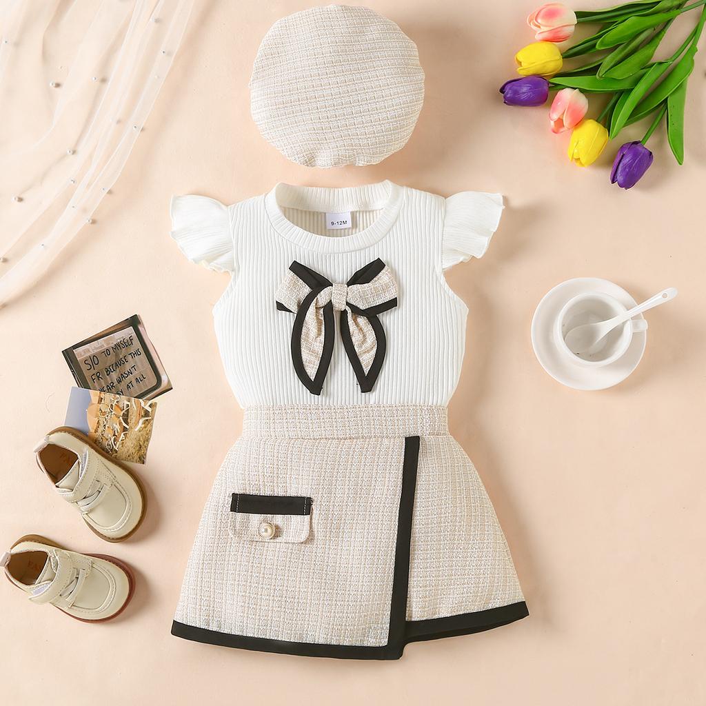 New Solid Color Ribbed Baby Girl T-shirt with Diagonal Border Style Baby Skirt and Beret Three Piece Set