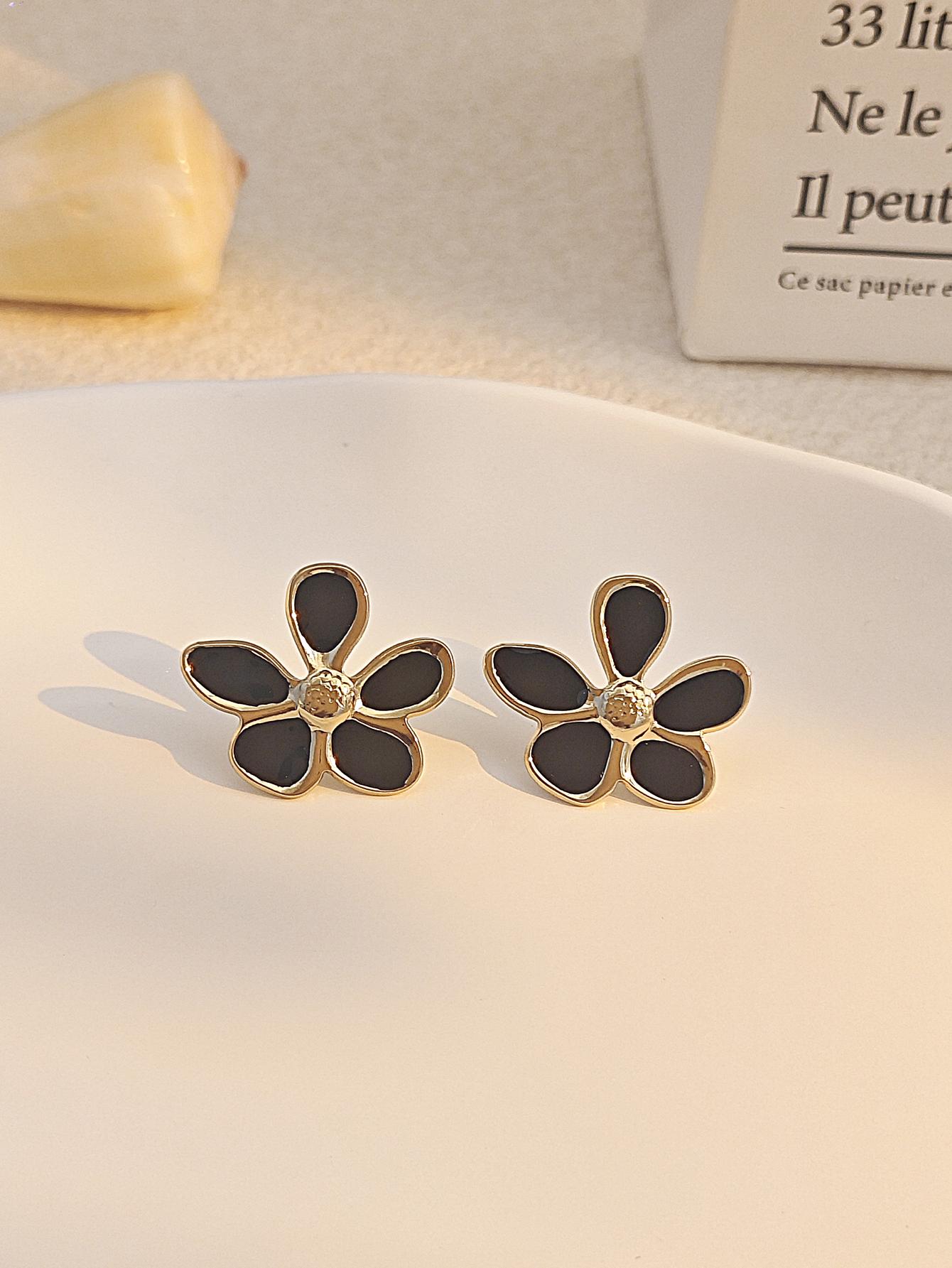 Colorful Oil Painting Geometric Square Heart Flower Seasell Shaped Golden Stainless Steel Enamel Stud Earrings For Women 1 Pairs