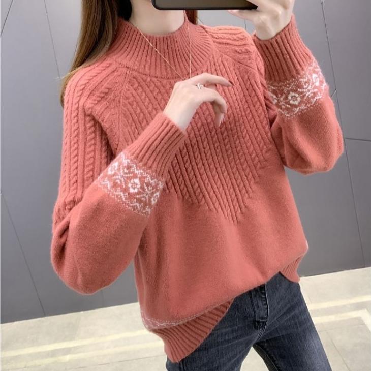 Autumn Winter Women's Half Turtleneck Sweater Loose Thick Pullover Knitted Top Jacquard Elastic Knitted Top Jumper.