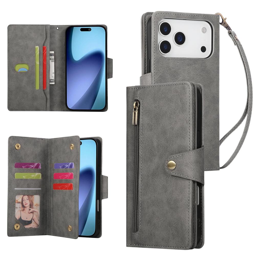 For iPhone 17 Pro Case Zipper Wallet Rivet Decor Leather Phone Cover with Wrist Strap