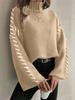 Long Sleeve Casual Loose Knit Sweater New Style High Neck Color Block Design Women's
