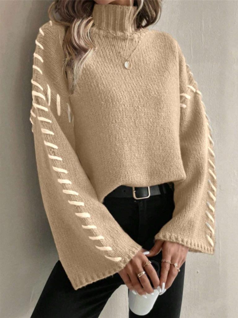 Long Sleeve Casual Loose Knit Sweater New Style High Neck Color Block Design Women's