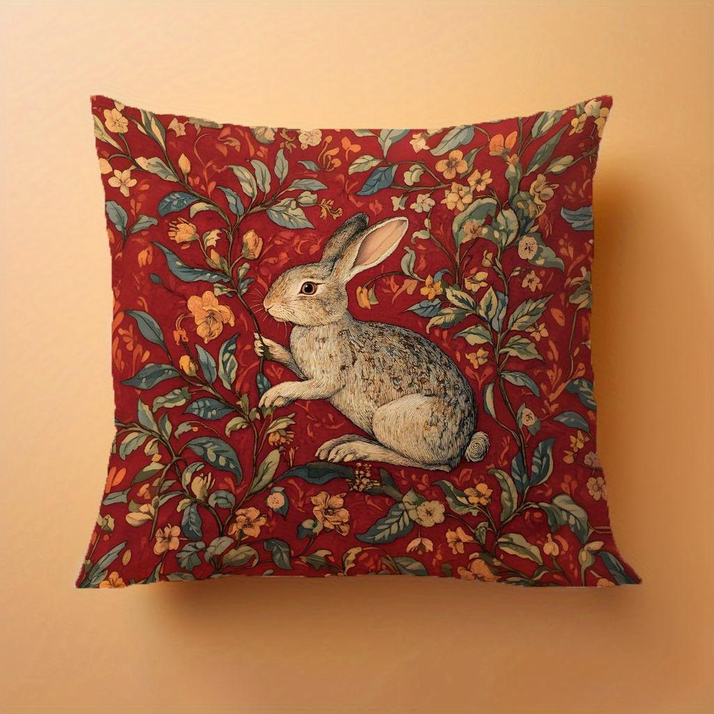 Vintage Rabbit Morris Style Throw Pillow Cover Zipper Closure Polyester, Decorative Cushion Case Room Pillowcase With Zipper