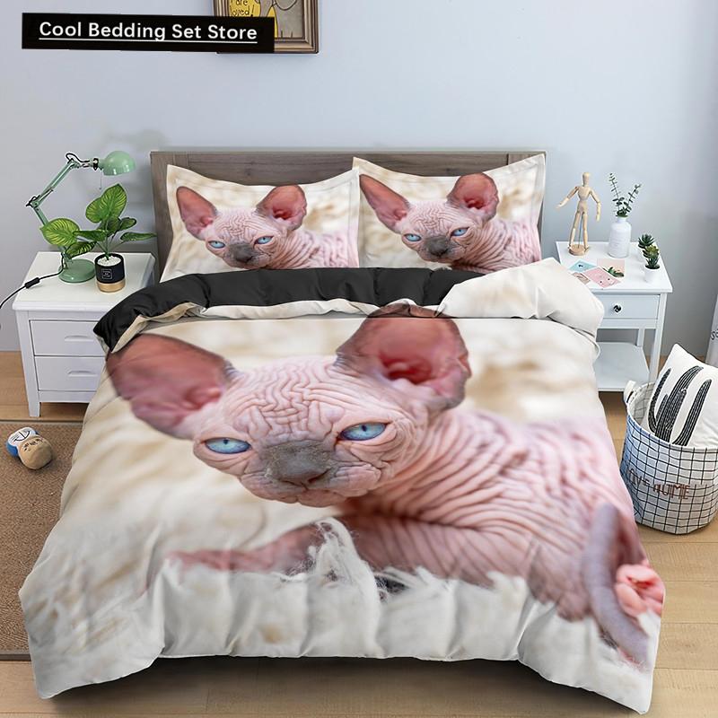 Sphynx Cat King Queen Duvet Cover Lovely Pet Kitty Bedding Set for Kids Teens Adults Animal Grey 2/3pcs Polyester Quilt Cover