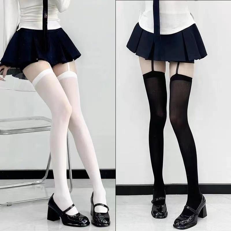 Women Suspender Wide-banded Velvet Tights Lolita Thin Thigh High Stockings with Garters College Style Over The Knee Socks