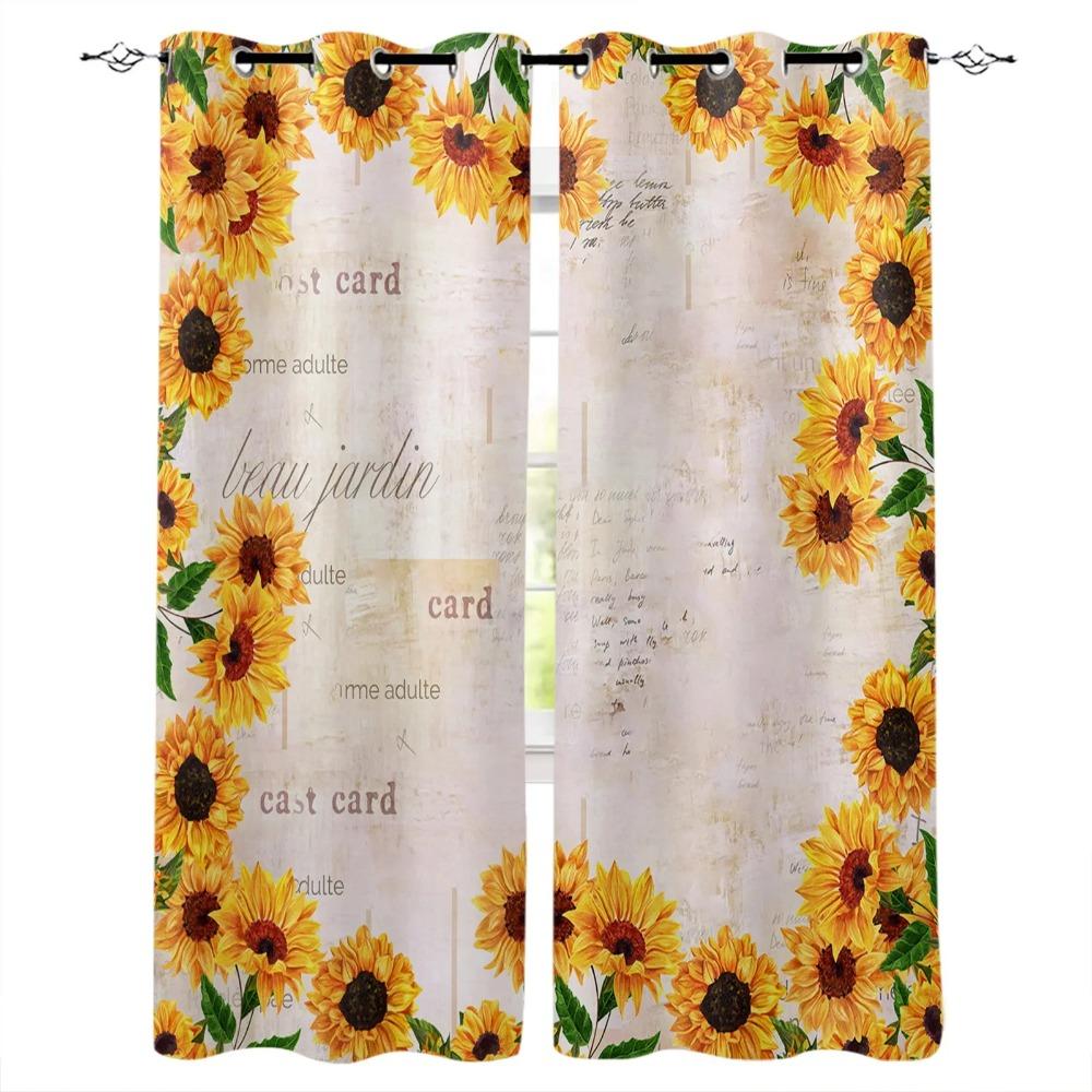 Sunflowers Pattern Design Vintage Beige Print Kitchen Curtain Window Treatment Living Interior Room Office Decor Drape for Kids Home Rest Room