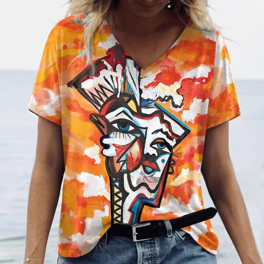 Letní dámské módní tričko Exagerovaný umělecký potisk Topy Trička Dámské Vintage Krátký rukáv Oblečení Dámské Denní Ležérní Streetwear