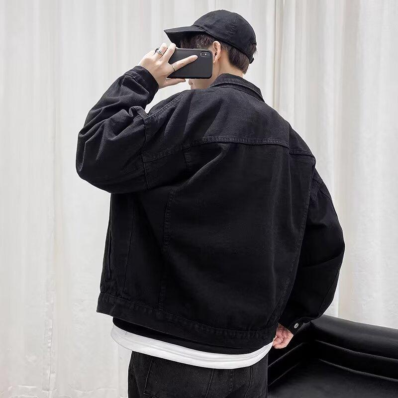 2024 Men's Loose Fit Black Denim Jacket - Korean Fashion, Retro Workwear Style