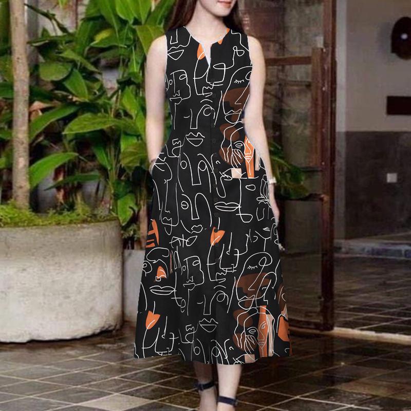 

ZANZEA Женское повседневное платье с V-образным вырезом и без рукавов с принтом 3XL