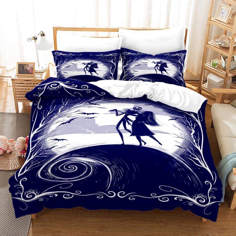 3pcs Queen Size Duvet Cover Sets, Nightmare Before Christmas Jack and Sally Rose Decor Bedding Set 2/3pcs Polyester Quilt Cover