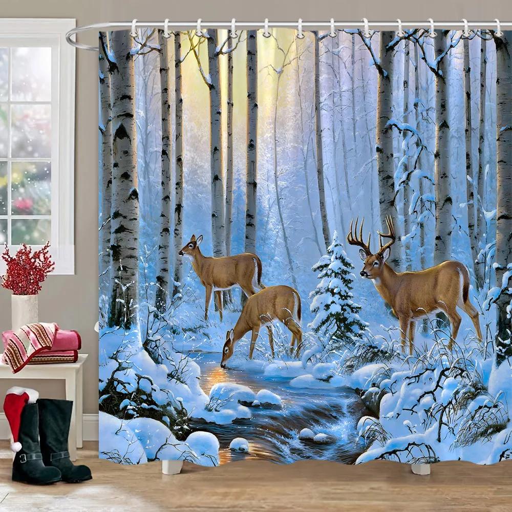 Winter Outdoor Forest Snow Shower Curtain Simulation Window Landscape Polyester Fabric Water Shower Curtains Bathroom Decoration
