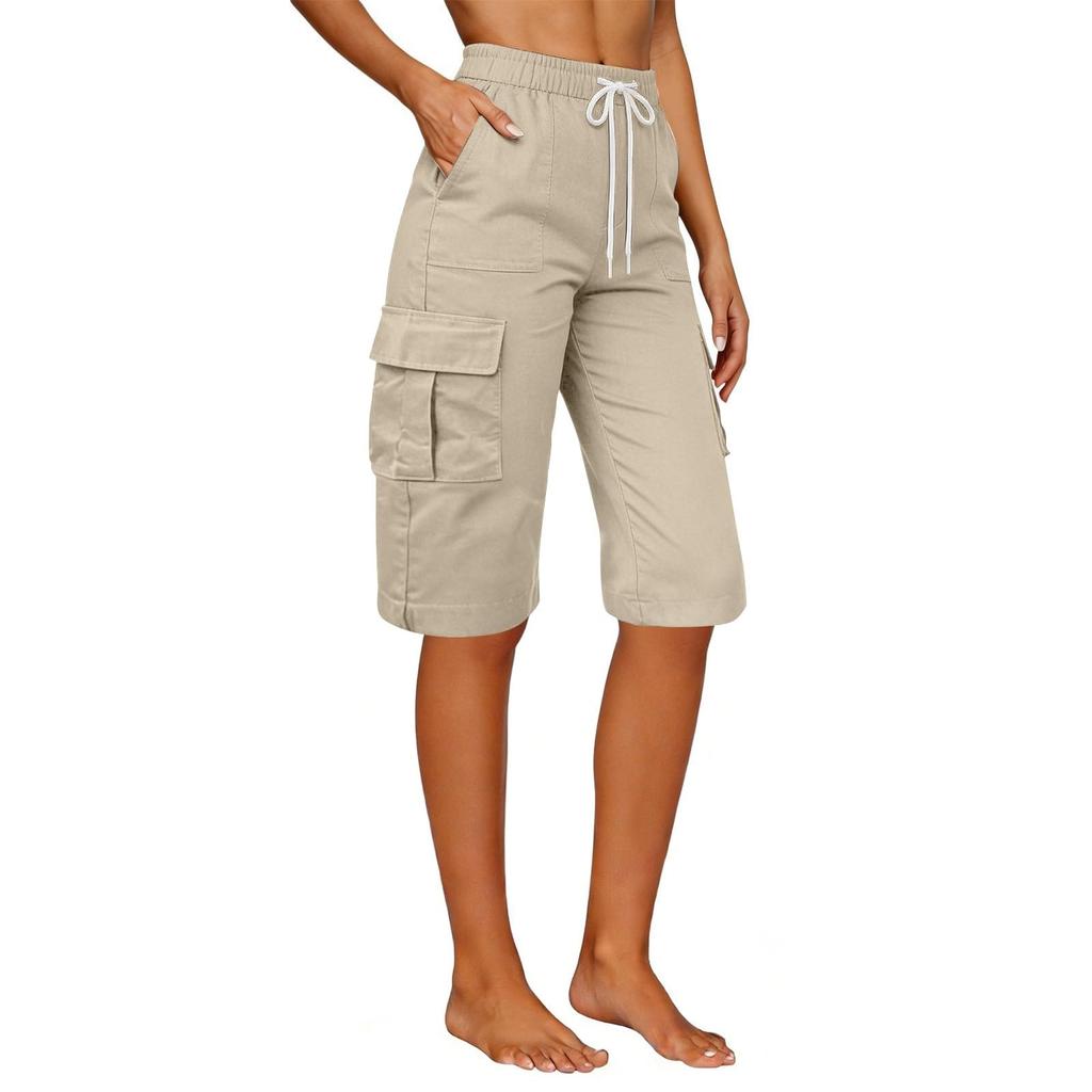 Women's Knee Length Cargo Shorts,Casual High Waisted Drawstring Bermuda Shorts With Pockets For Summer Hiking Work